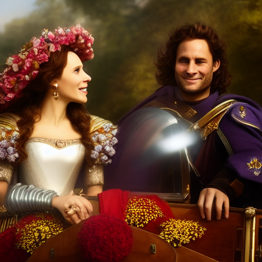 Lancelot and Guinevere, atop a lavishly decorated carriage, their hands intertwined and beaming smiles adorning their faces, wave to the jubilant crowds gathered along the streets, their eyes filled with gratitude and joy, as the people shower them with flowers and expressions of adoration.